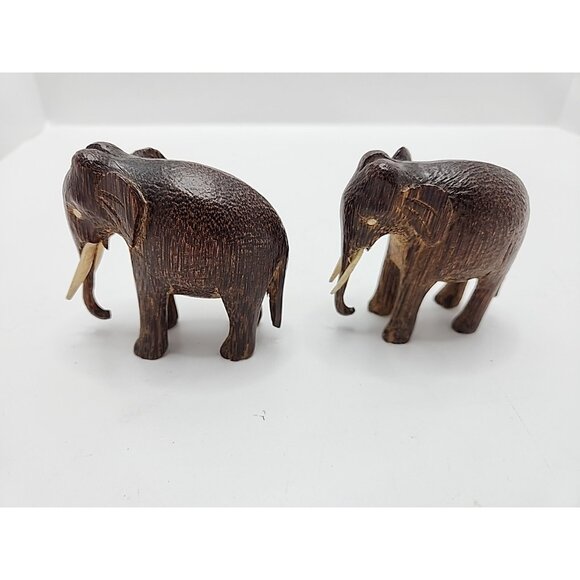 Hand Carved Wood Elephant Set Of 2 Vintage Safari Collectible Figurines 3" - Picture 4 of 8